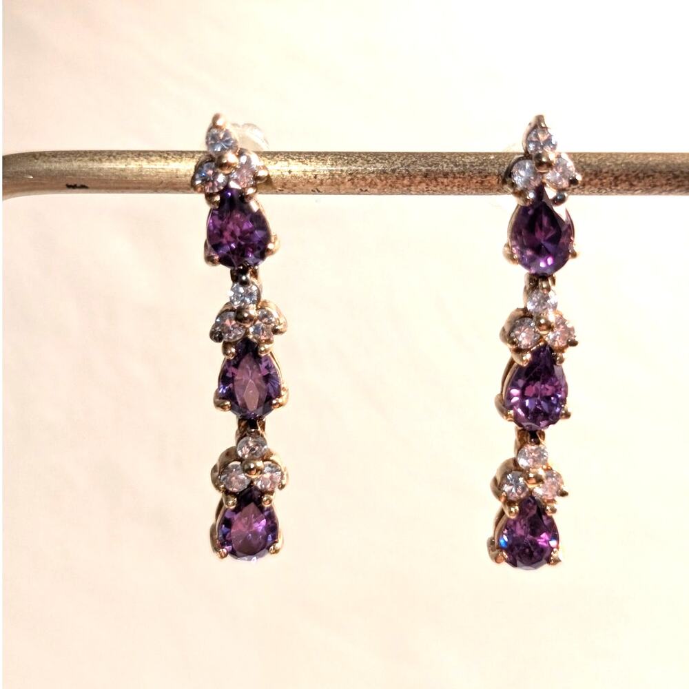 925 Sterling Gold Vermeil Triple Purple Crystal CZ Dangle 1.25" Long Earrings